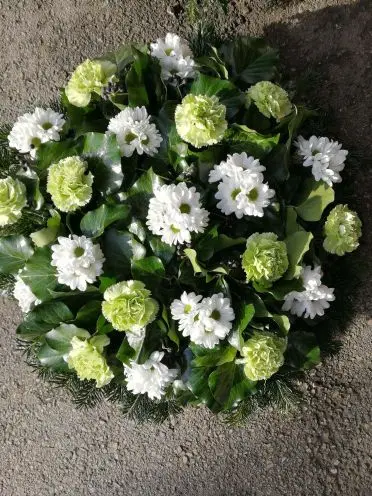 Fekvő koszorú fehér margaréta krizantémmal és zöld szegfűvel – 60–80 cm, több színben. Természetes, friss temetési kompozíció. Nefelejcs Virágüzlet.